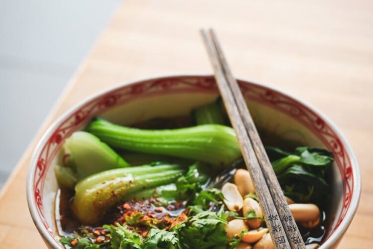 asian noodles served in a bowl